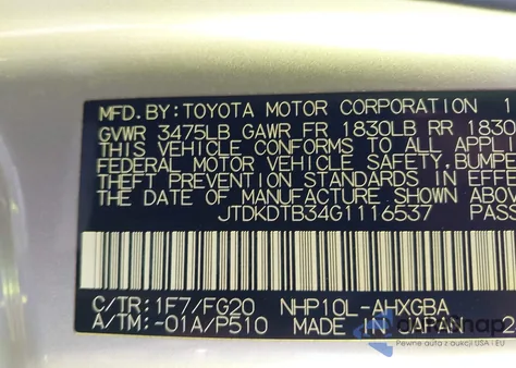 2016 Toyota Prius C Three z USA, uszkodzony, nr VIN JTDKDTB34G1116537